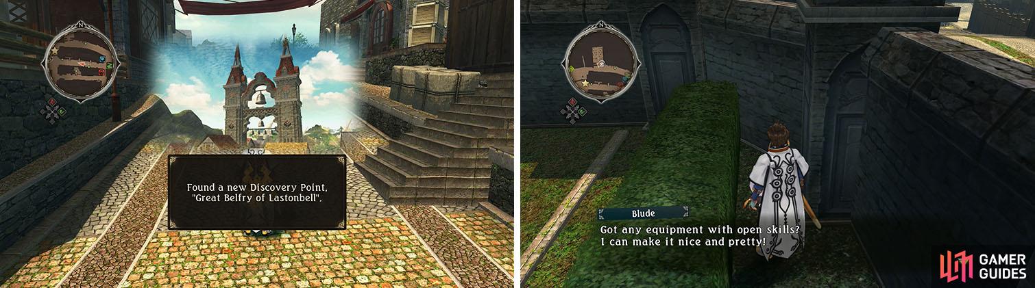 Check the main road for a discovery and skit (left) and recruit the Normin Blude at the graveyard (right).