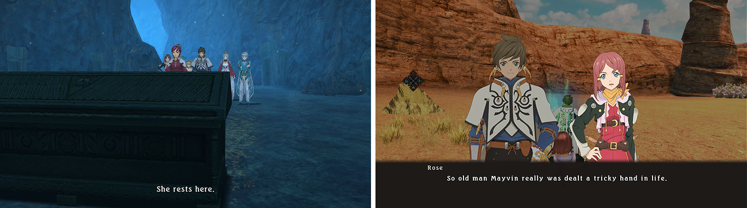 Head to the tomb in Trizolde Cave to hear the story of the woman named Mayvin (left) and then return to a save for a skit (right).