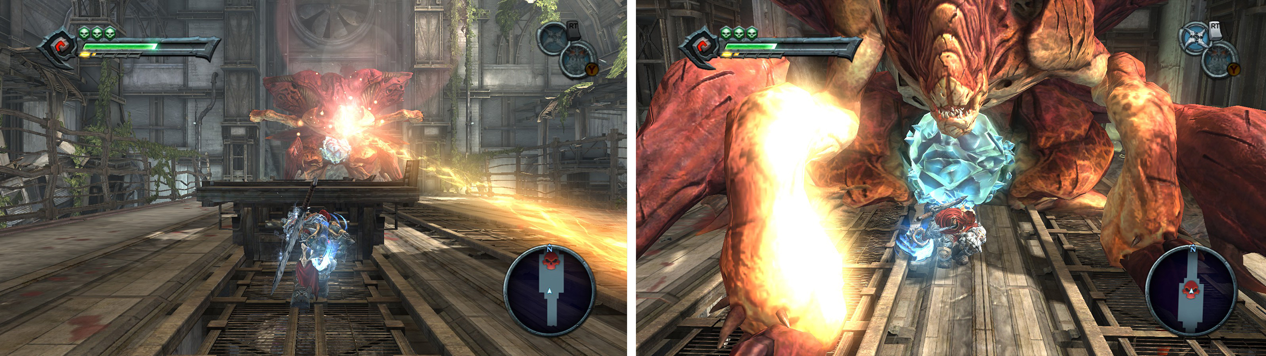 The train car can be used to both protect you from the laser attack (left) as well as stun the boss. Destroy the crystal on the boss’s chest (right) and then attack its weak spot.