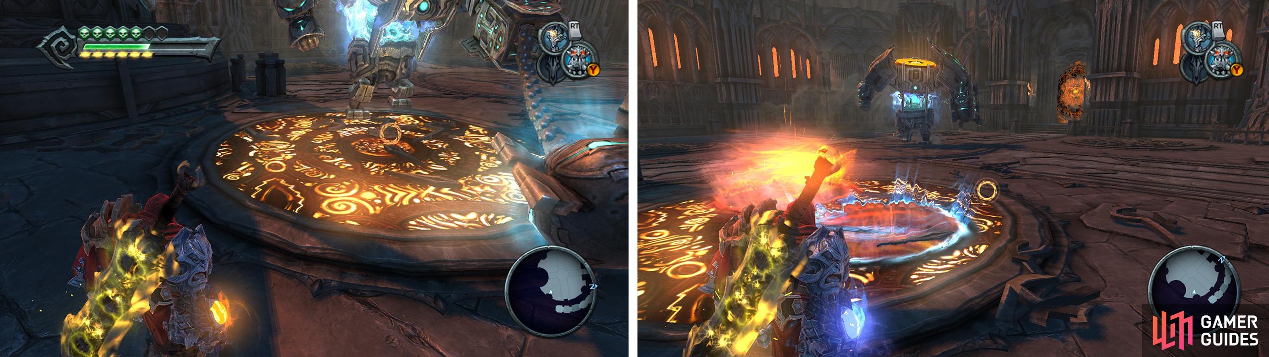 Have the boss destroy the grates covering the portal pads (left) and then use them (right) to launch yourself up to the boss’s head again.