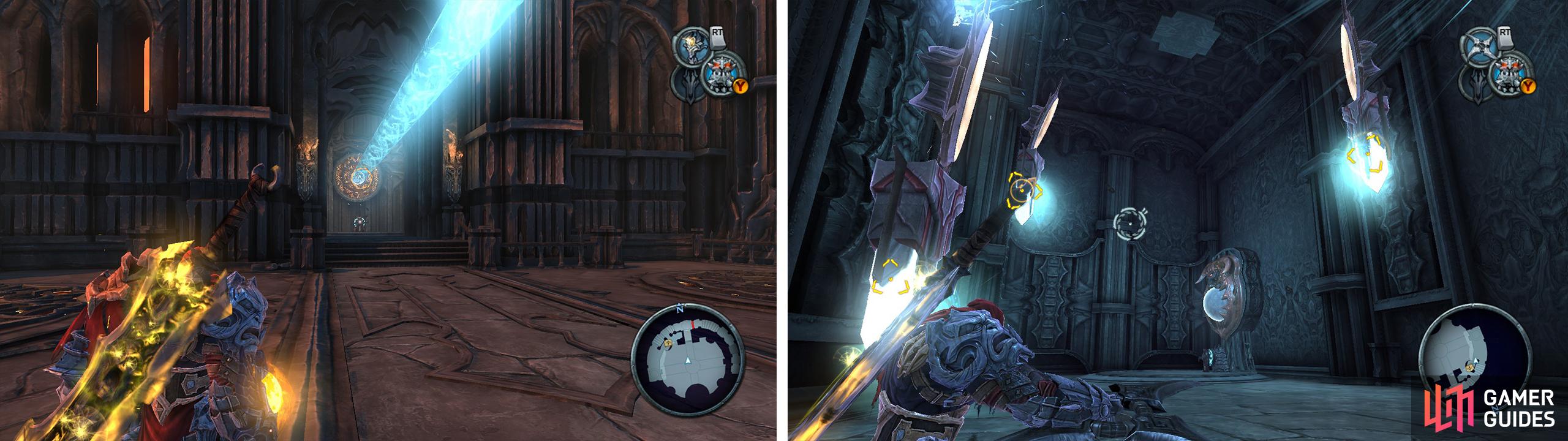 We’ll need to re-direct the beam again (left). When you reach the room with the crystals, hit all three with your cross-blade (right) to progress.