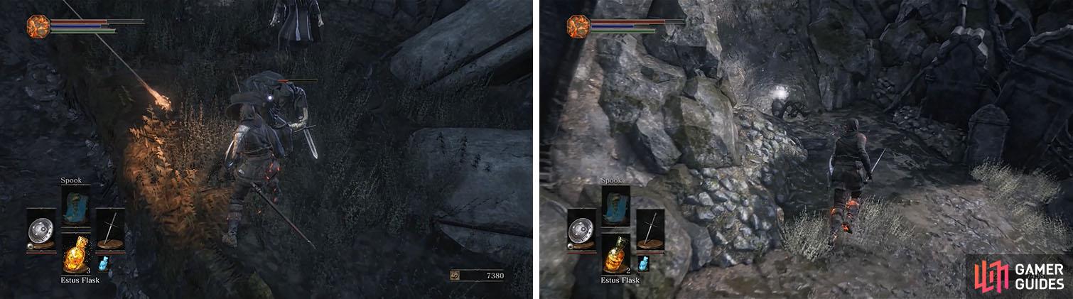 Watch out for the crossbow arrows as you fight the Grave Wardens (left) and then take the path to the right of the shrine entrance to find an Ember (right).