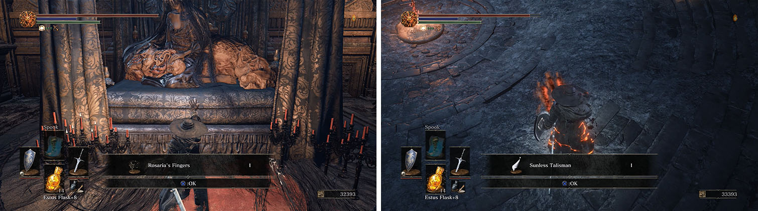 Join Rosaria’s Fingers to force Sirris to appear in Firelink Shrine, where you can kill her to obtain the Sunless Talisman.