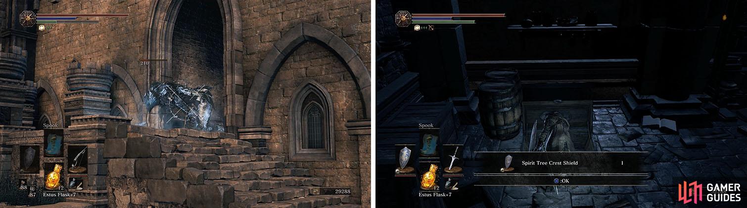 Pull the Boreal Knight upstairs so you have more room to maneuver (left) and then head downstairs and open the four chests (right).