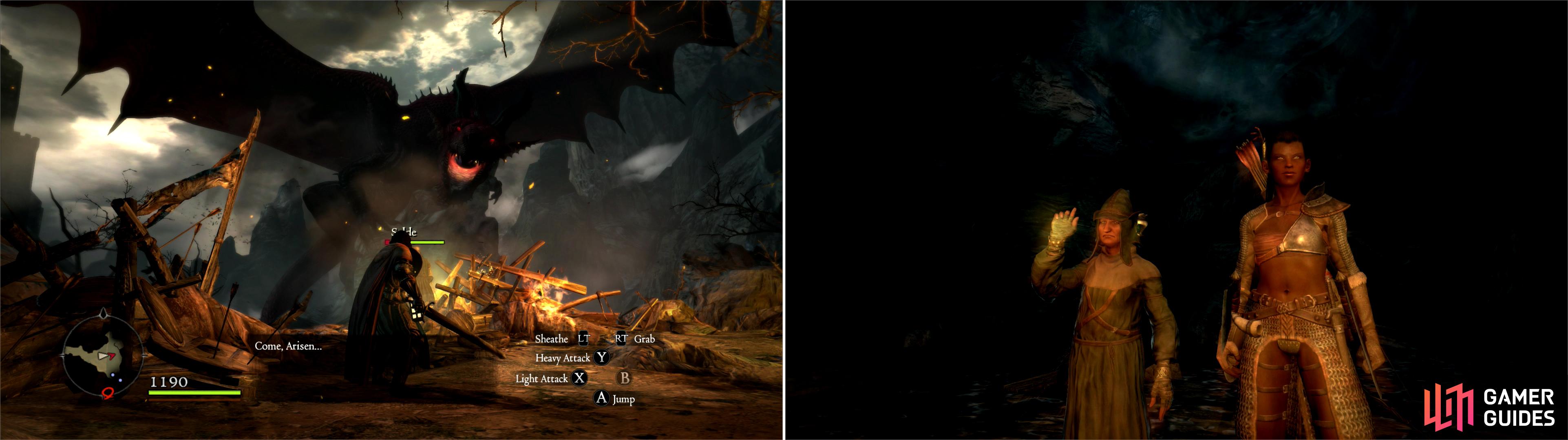 The Dragon makes an early appearance, and goads you into chasing it down (left). Touch the Riftstone to summon up more support (right).