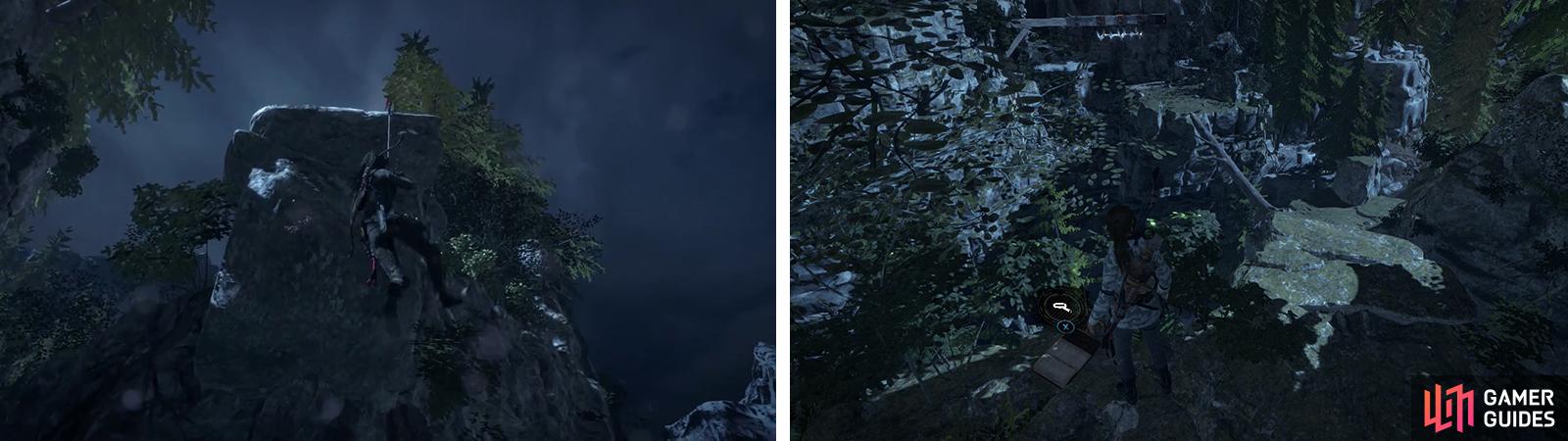 Use the Grapple Axe to reach the ledge above (left). You’ll find Document 09 in the shrubs nearby (right).