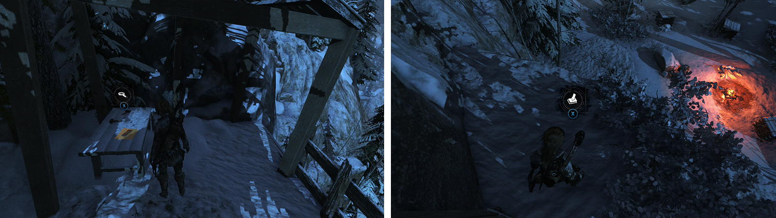 Use broadhead arrows to climb the wall by the supply shack. At the top is Document 26 (left) drop down to a ledge beneath this with Survival Cache 19 (right).