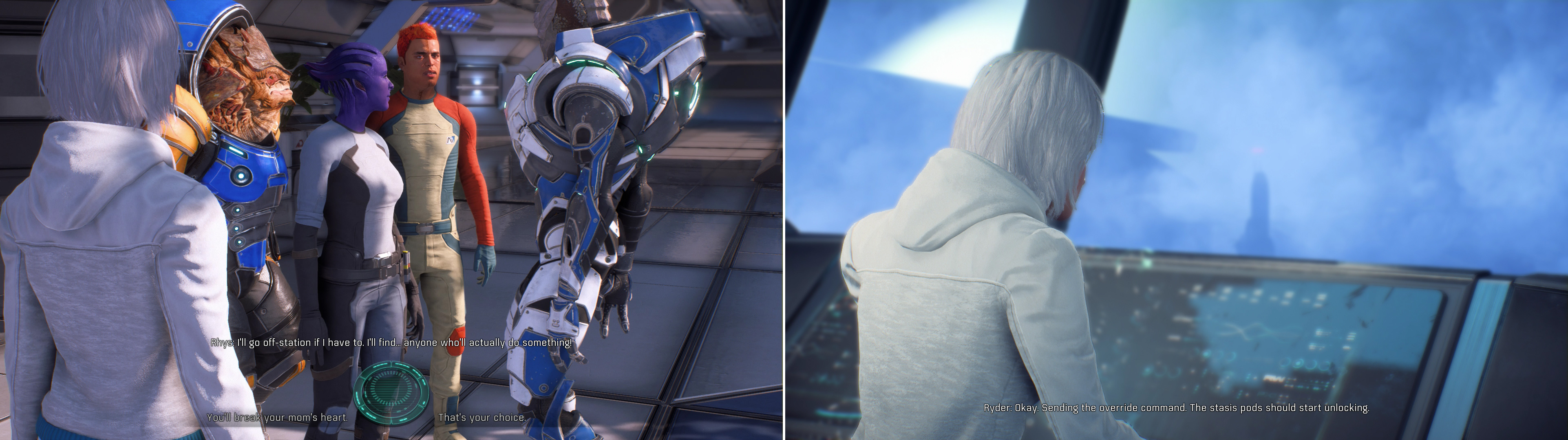 If you side against the angry colonists, shame them into staying or let them leave (left). On the other hand, if you pull their relatives out of cryo, they’ll naturally be much happier (right).