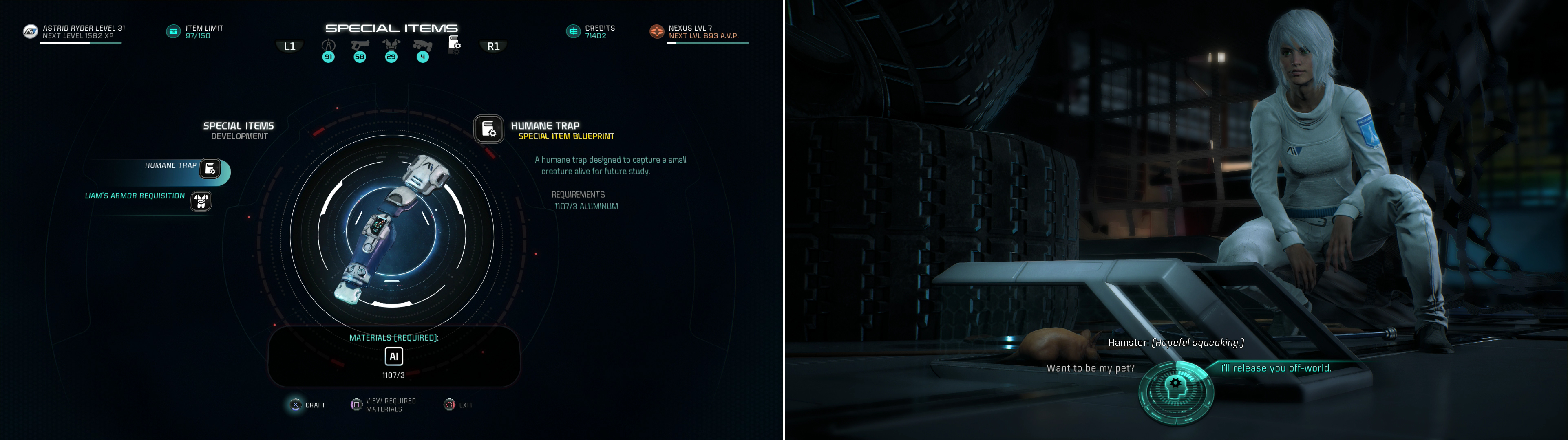 Craft a Humane Trap (left) and when you return to the Nexus later you’ll be informed of your success. Investigate the trap, then decide the rodent’s fate (right)