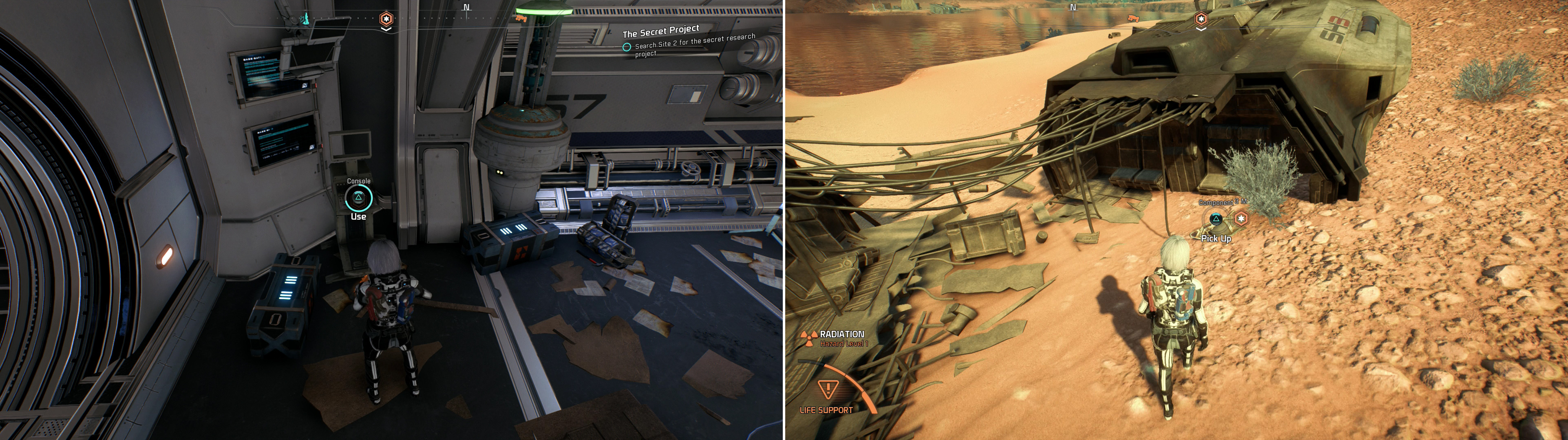 Activate a console to obtain Site 2’s secret project intel (left) then search for the missing components of said project (right).