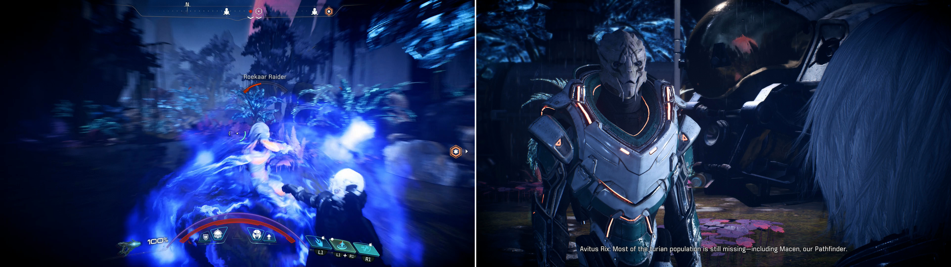 Fend off the Roekaar attacking the Turian camp (left) then talk to Avitus Rix (right) to learn what he knows of the Turian Ark’s fate.