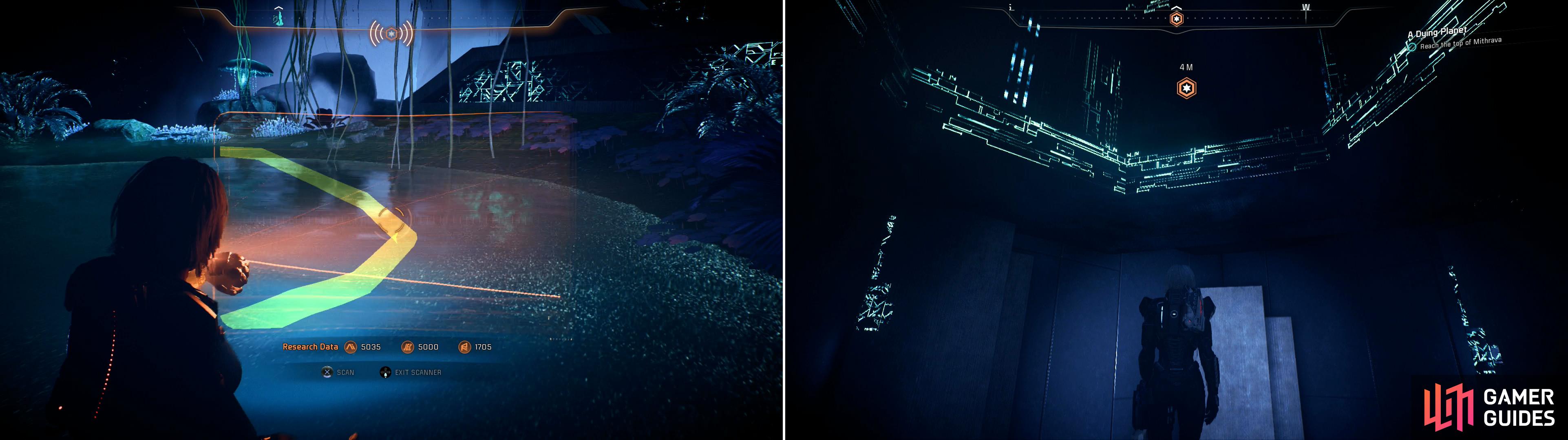 Scan and follow a conduit to find a Remnant Console (left) then leap up several hexagonal openings (right).