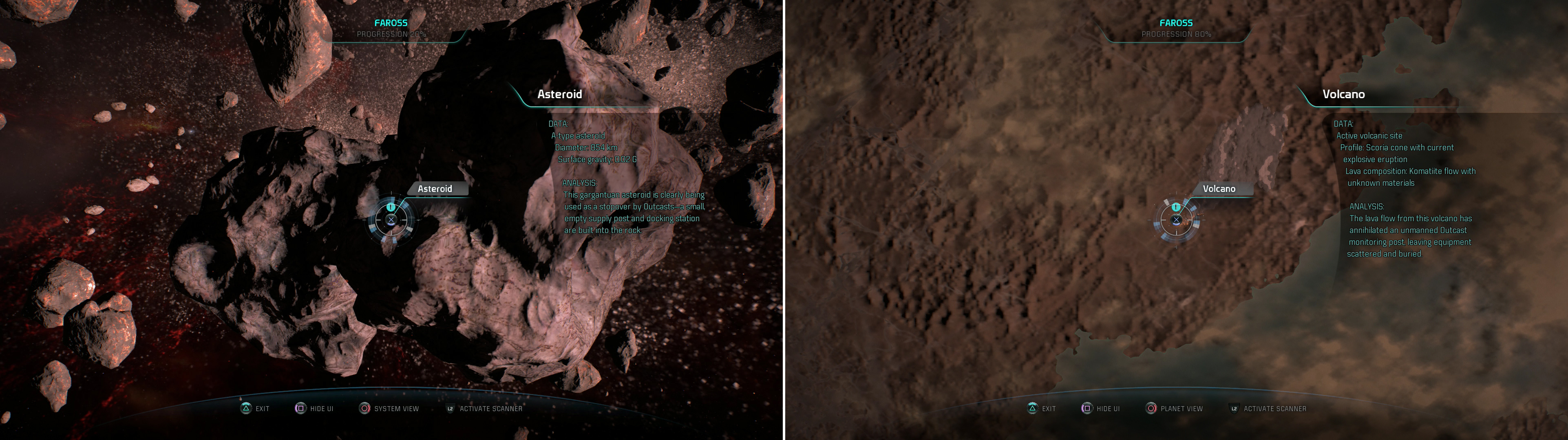 You’ll gain some XP if you notice that some Outcasts have built a small supply post on an Asteroid (left). On Grill you’ll find a Volcano, which is also worth XP (right).