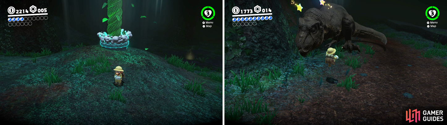 The big vines will bring you back to the surface (left). You need to have the T-Rex bump into something to be able to capture it (right).