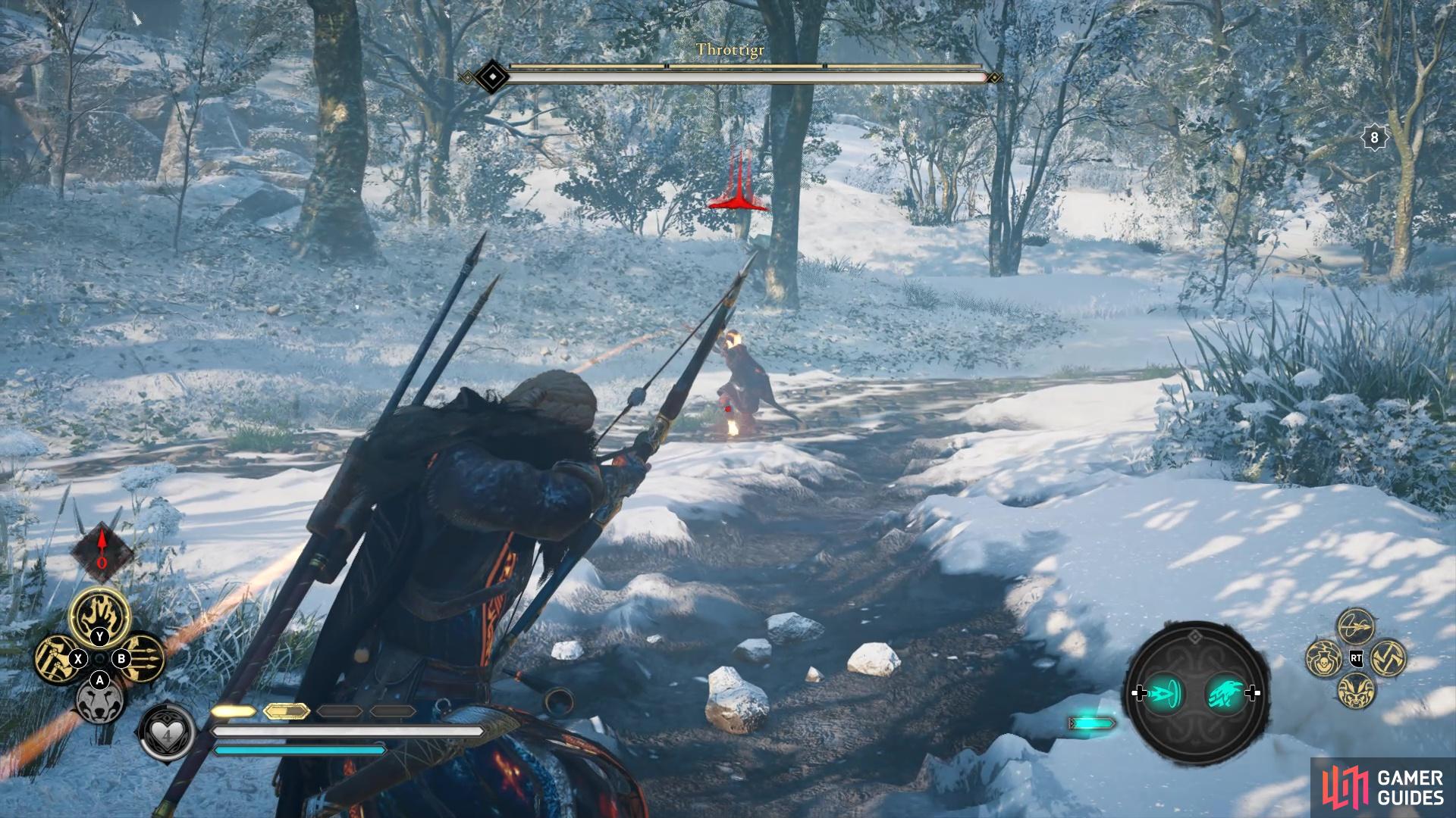 Use your bow and arrow to hit her weak points to whittle down her stamina bar.