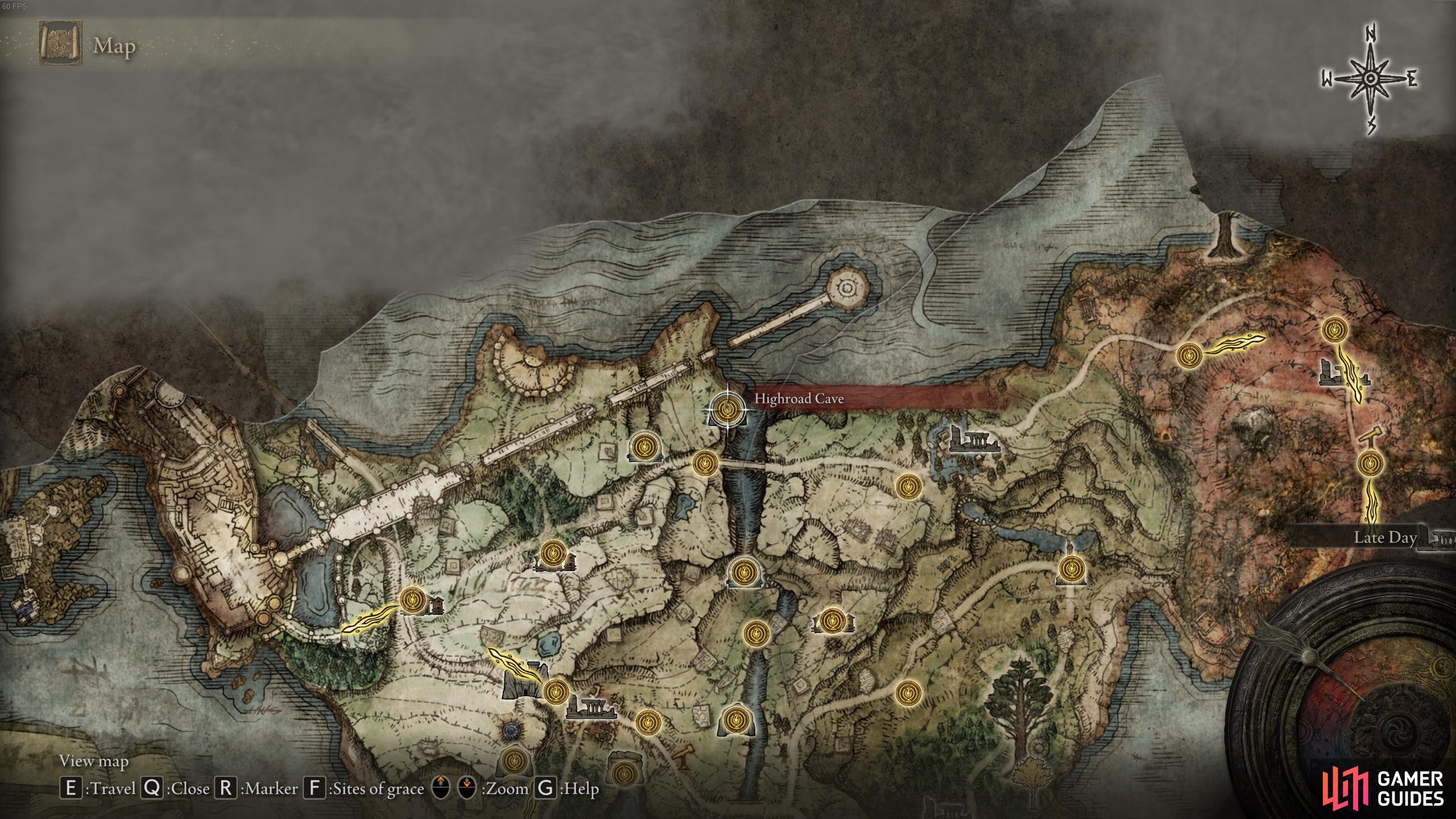 The location of the Guardian Golem in Highroad Cave, north Limgrave.