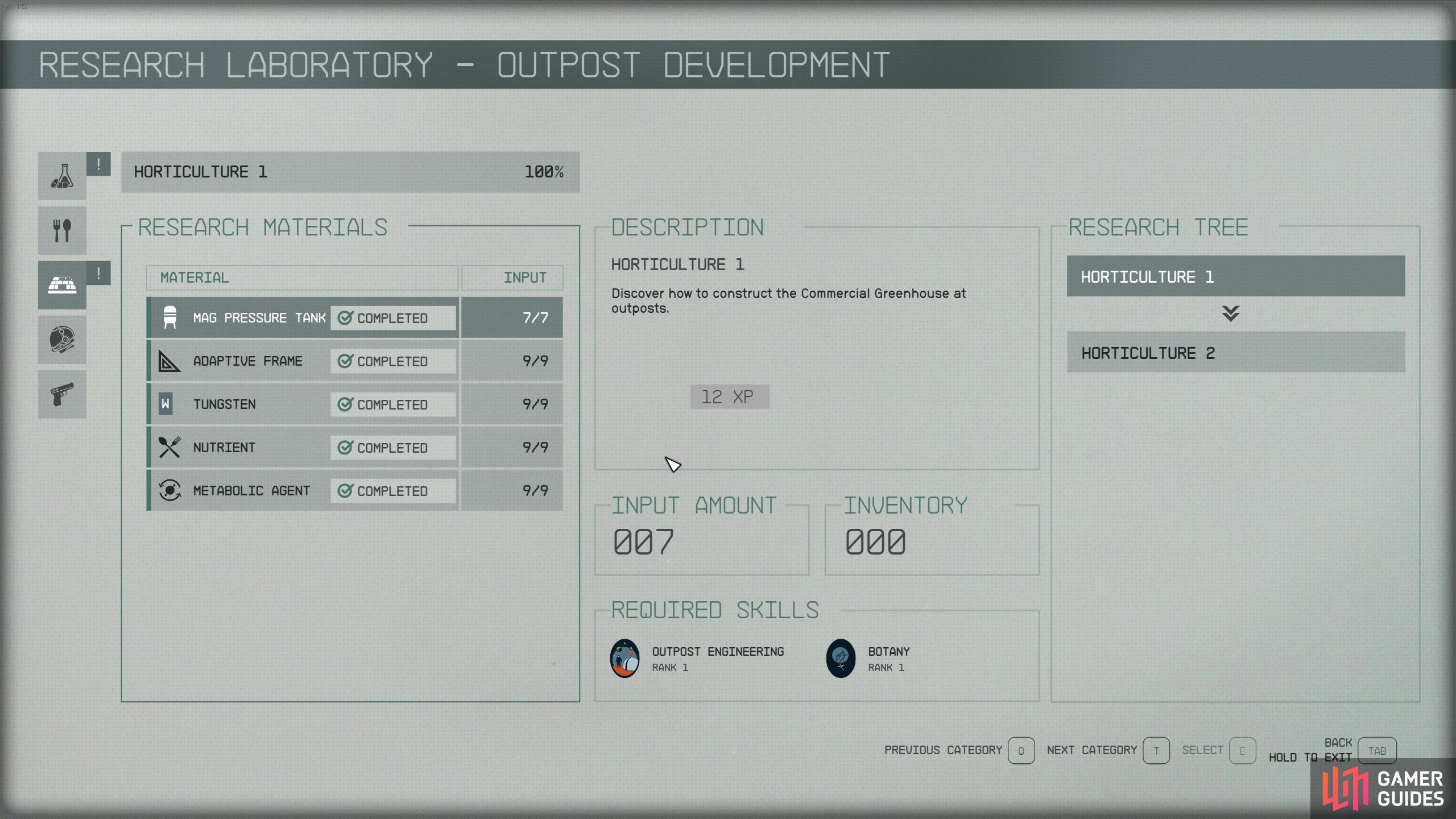 If you want to set up a greenhouse, you’ll need to unlock the Horticulture 1 research project first.