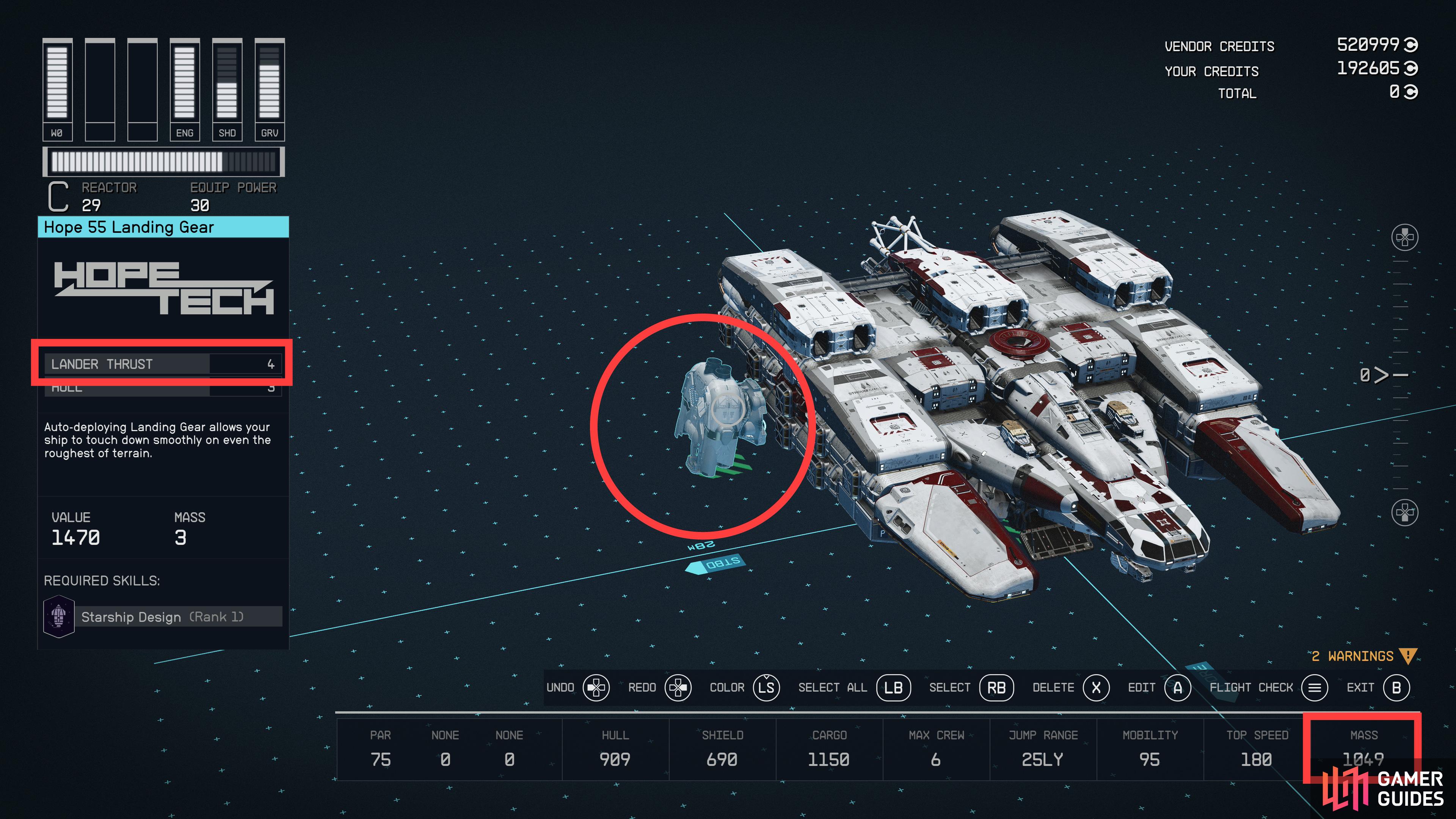 While the placement of your landing gear is pretty lax, you do need at least one, and all your landing gear must cumulatively provide one landing thrust for each 200 mass of your ship.