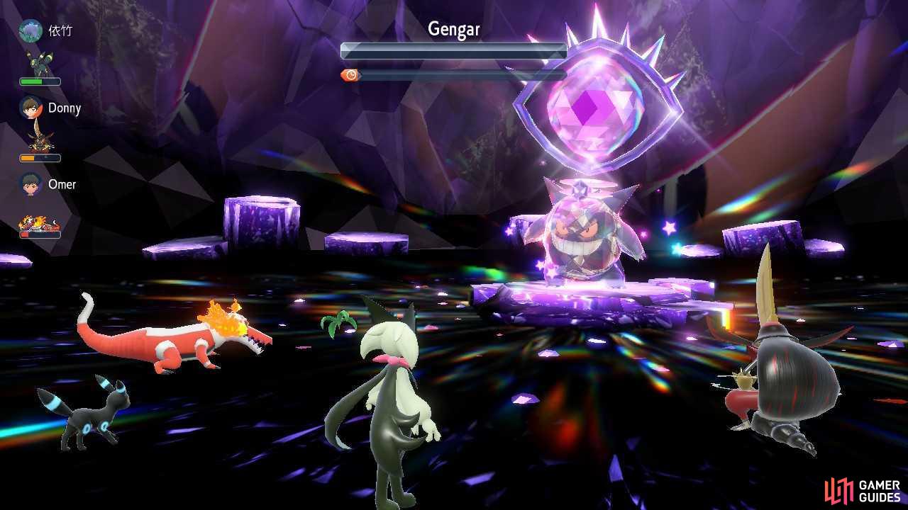 Meowscarda beating down a !Psychic Tera Type Gengar Tera Raid with the move Nasty Plot.