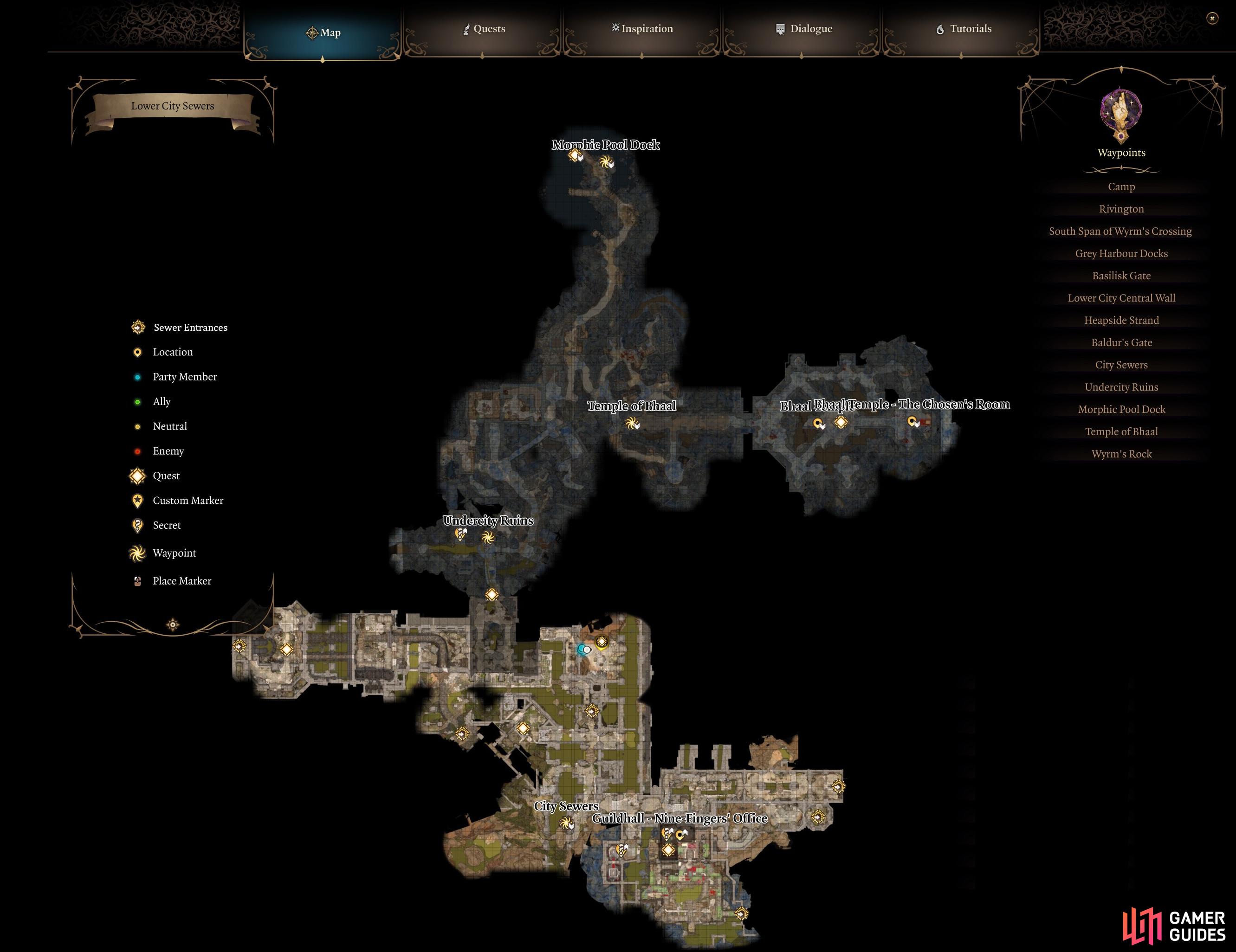 A map of the sewer and the Undercity in Baldur’s Gate 3