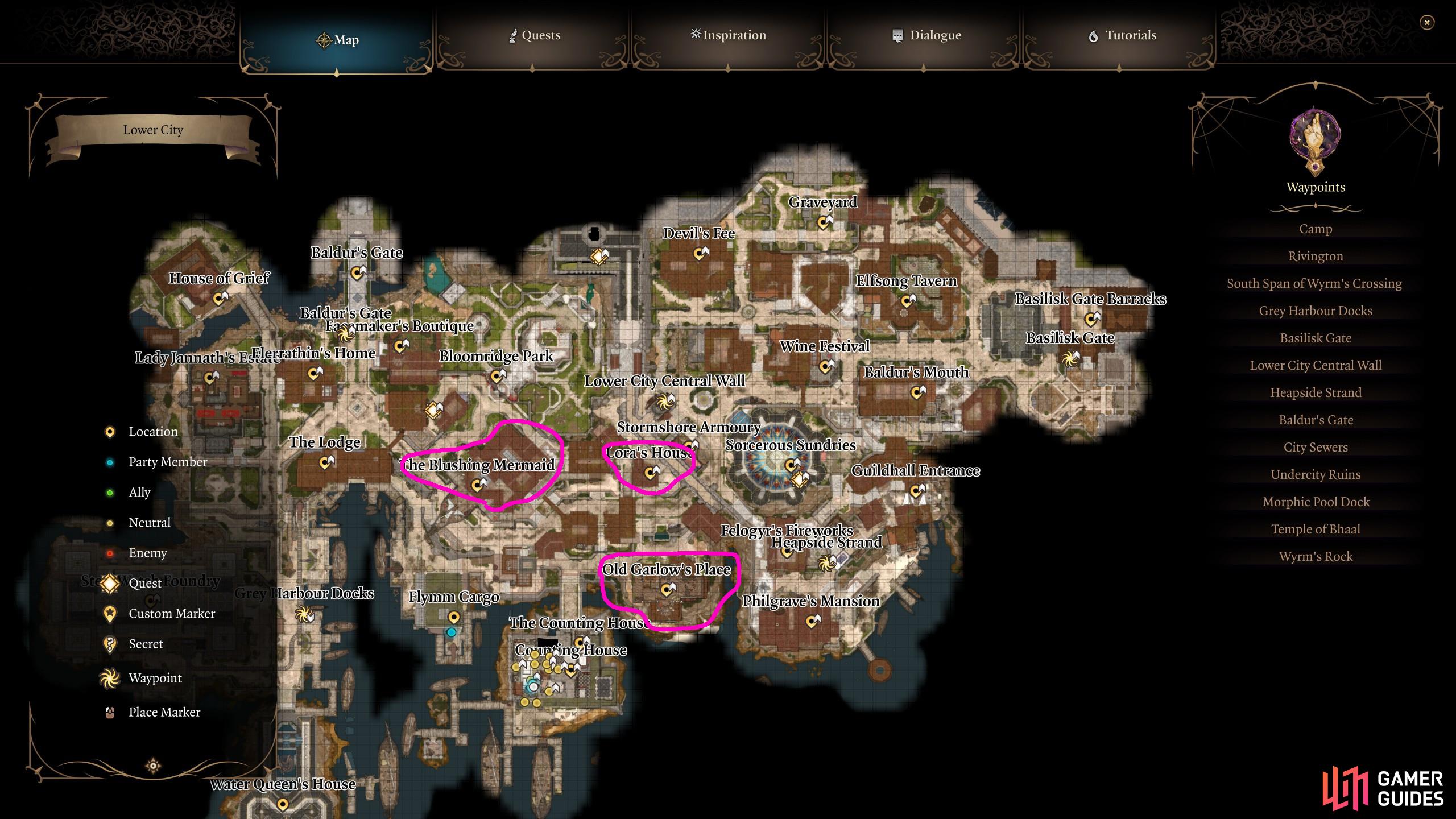 The areas marked in pink are the central locations you can visit for the Save Vanra side quest in BG3.