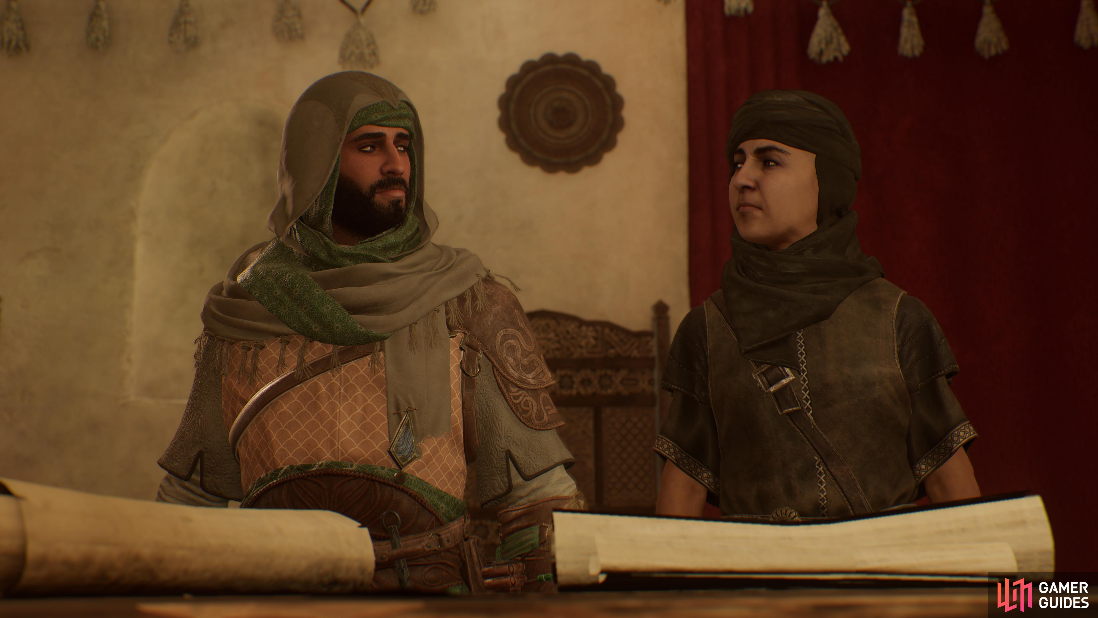 Ali Baba’s Estate investigation, Assassin’s Creed Mirage. Pictured: Basim and Murjana.