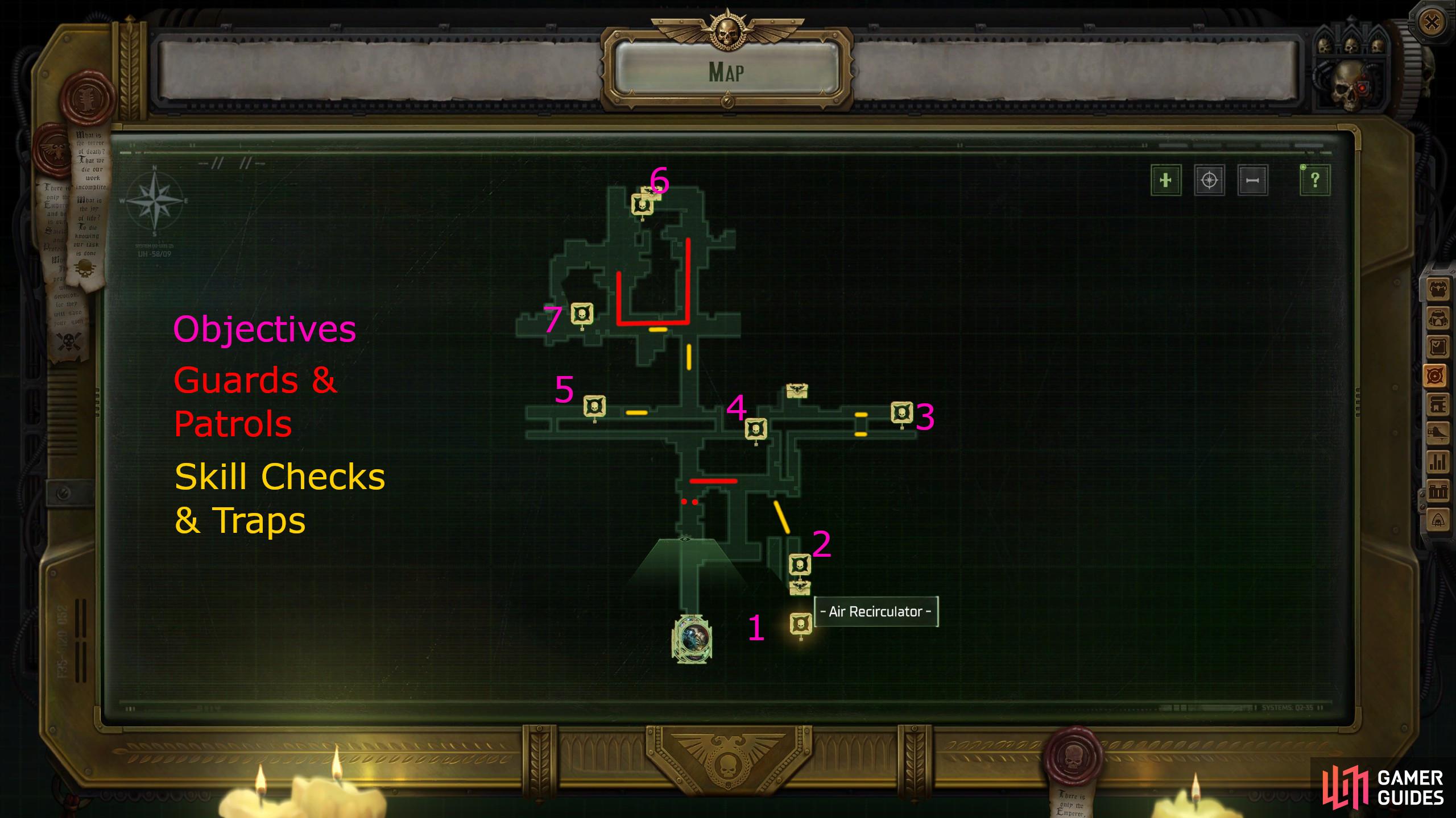 A map for the Rat Hunting quest, featuring known patrols and enemies to avoid, alongside skill checks you need pass and objective locations.