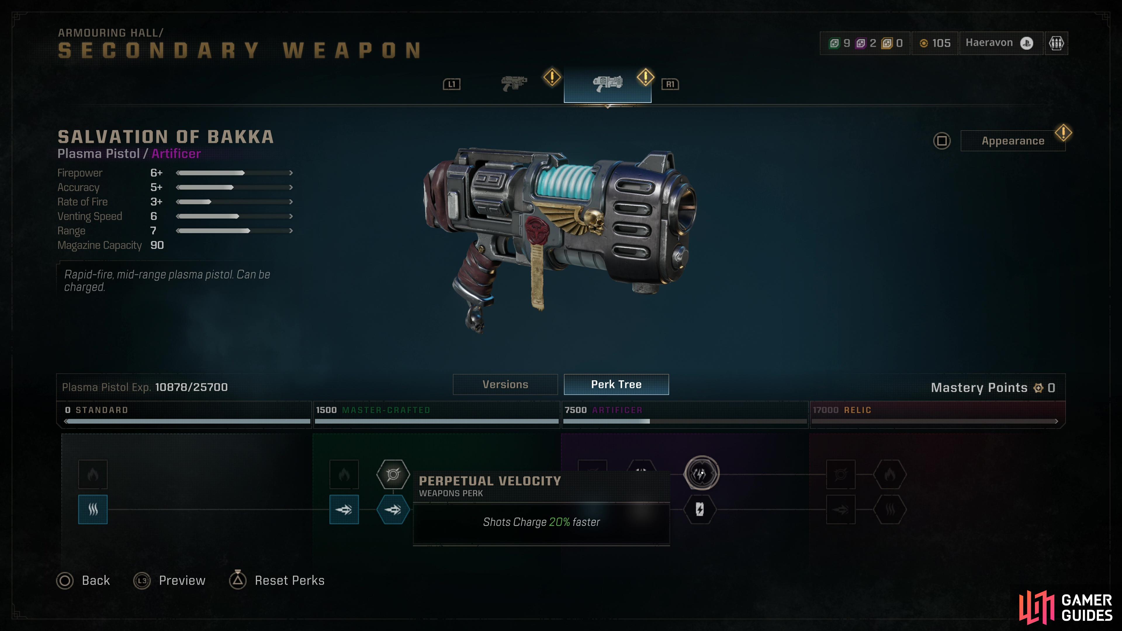 We generally recommend the bottom row of weapon perks for the Plasma Pistol, diverging only to snag the two “Perpetual Velocity” perks, ignoring Relic tier upgrades altogether.