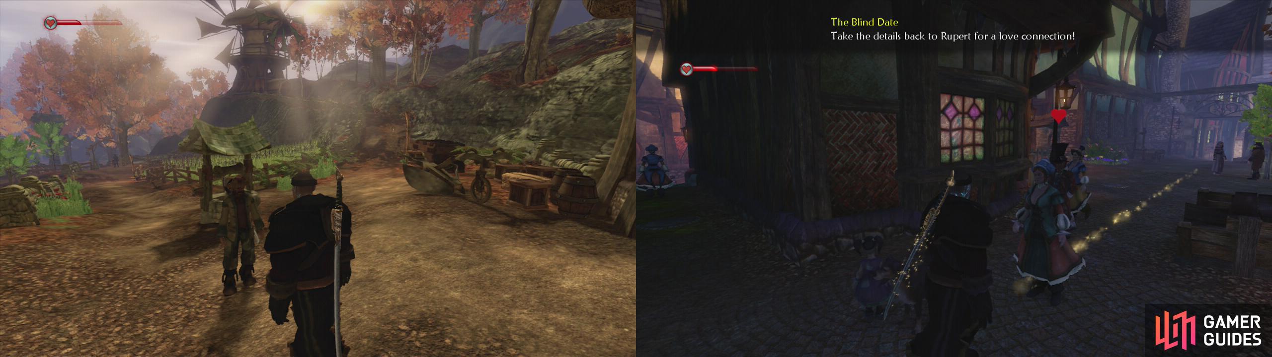 Speak to Giles to start the quest (left). After speaking with his son, head to Bowerstone to find a match (right).