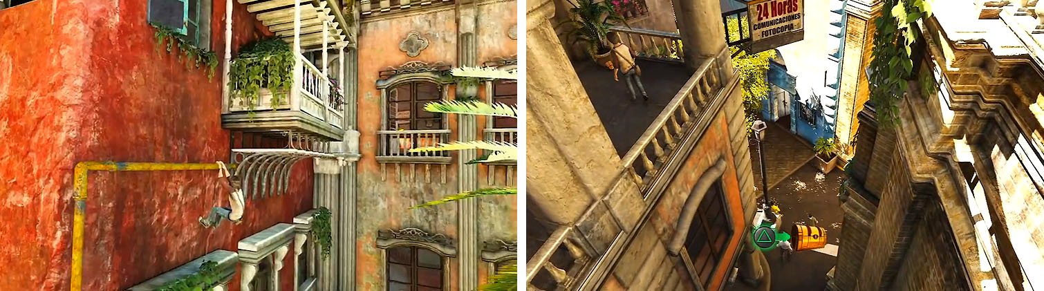 Climb the locksmith’s building (left) and grab the treasure on the first balcony (right).