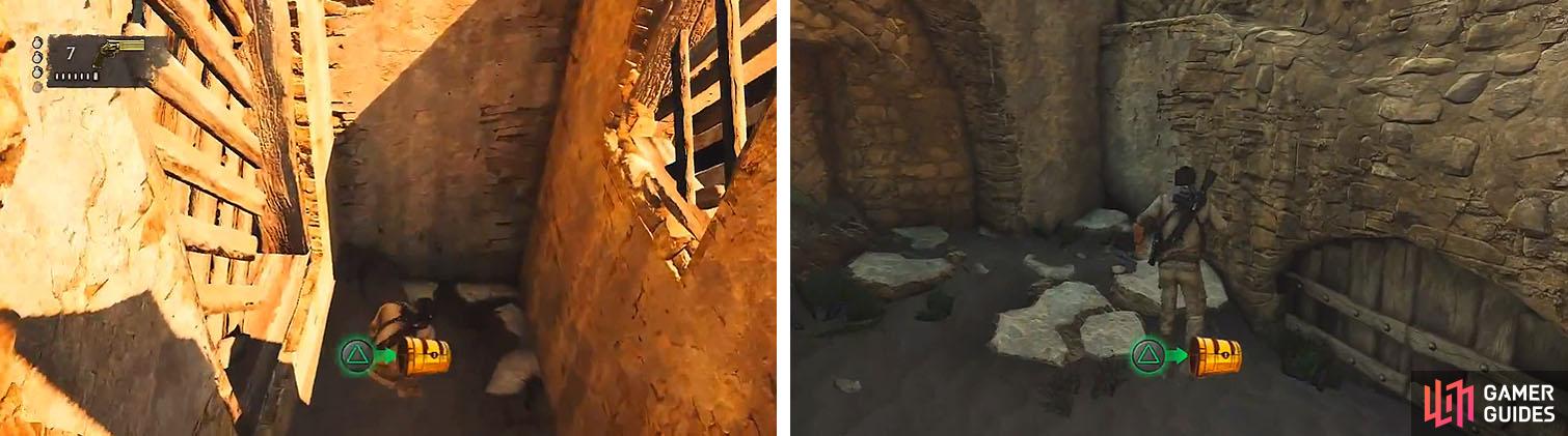 There’s a tresaure in the alcove (left) and another below the balcony (right).