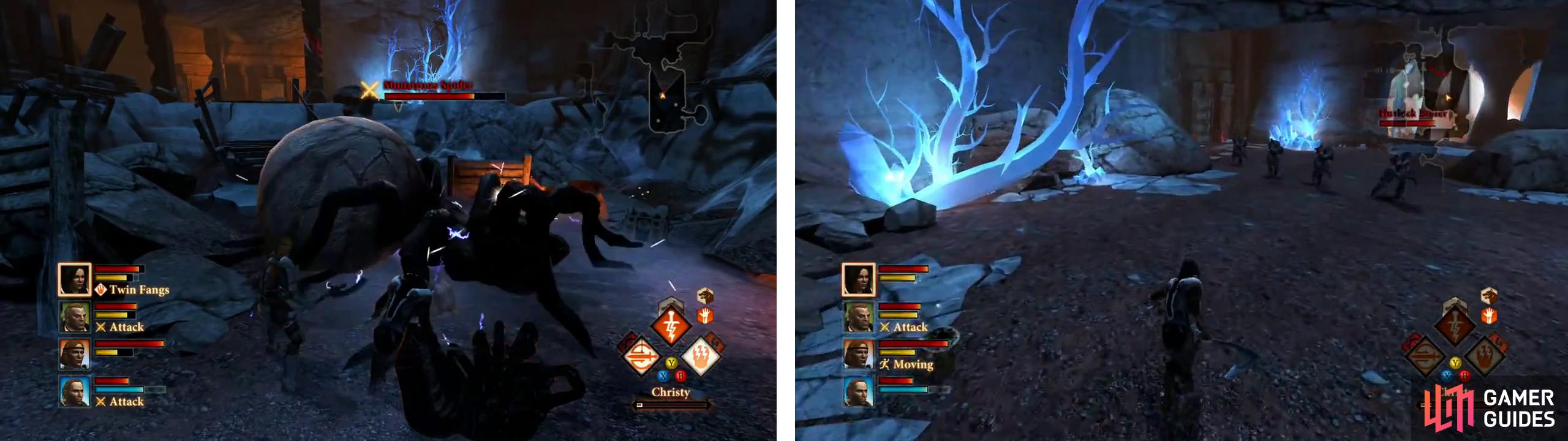 Kill the monstrous spider to loot the area (left). Continue through the caves killing darkspawn as you go (right).