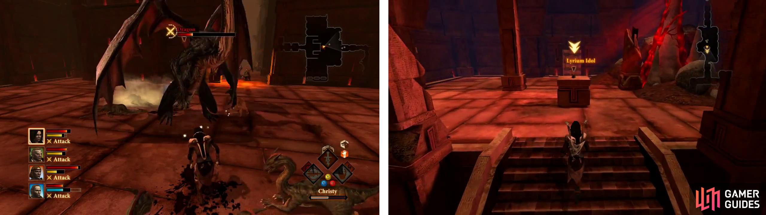 Defeat the dragon (left) and then continue through the next few rooms and grab the lyrium idol (right) for a scene.