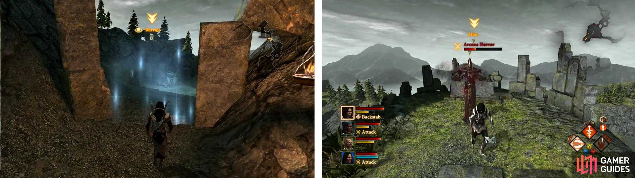 Have Merrill disable the barrier (left) and then approach the alter for a fight (right).