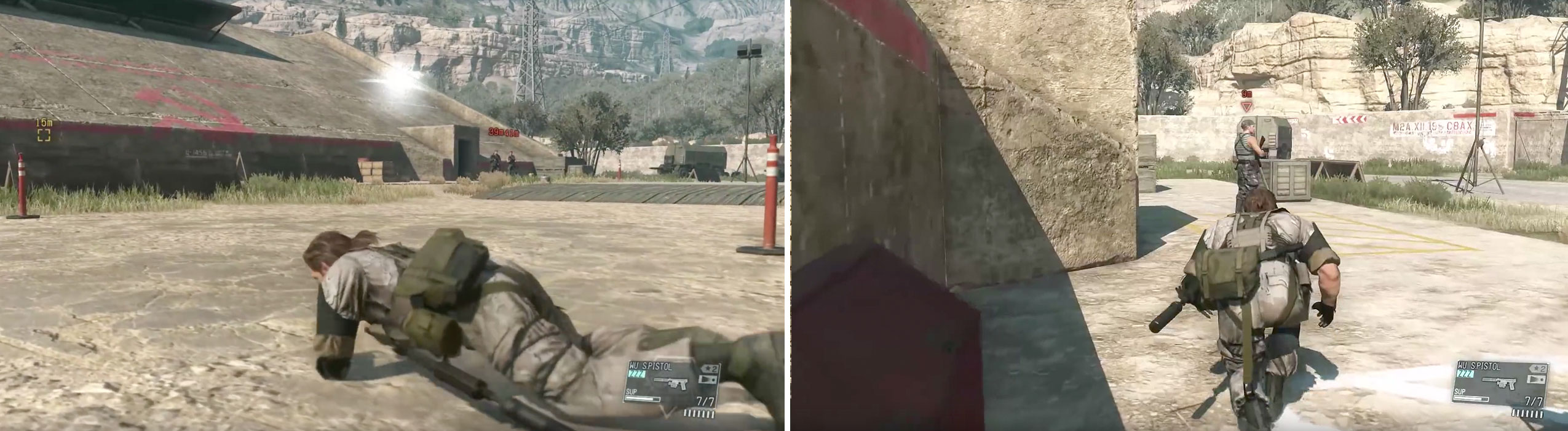 Crawl to avoid detection (left) then sneak behind the soldier guarding the entrance (right).