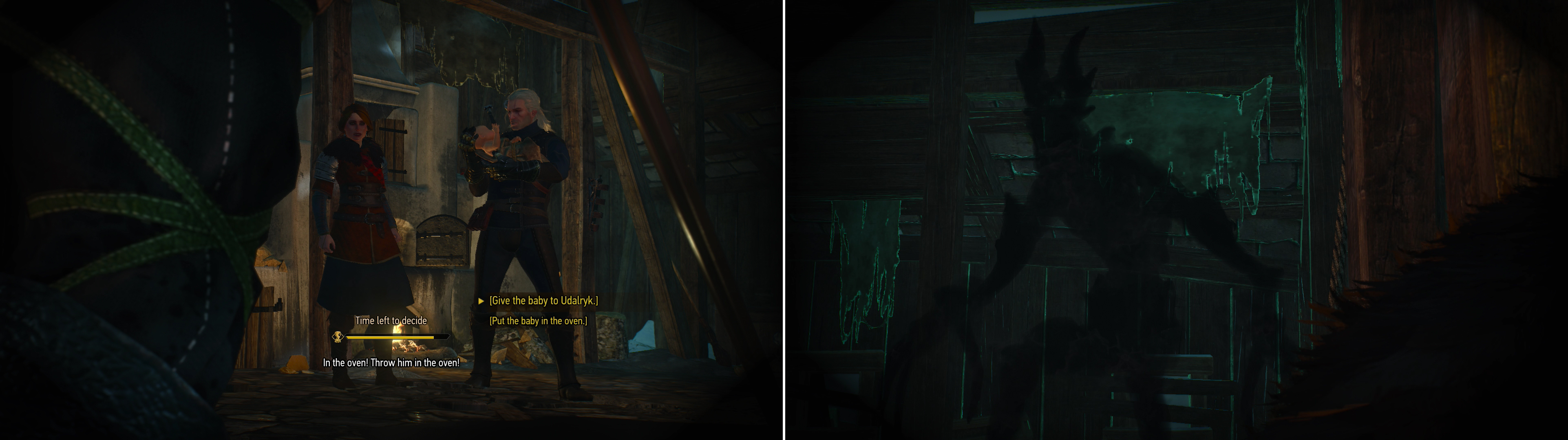 Make a timed decision and either trust Cerys and do something horrible, or decline and botch her plans (left). Make the right choice, and the Hym will find itself without a host (right).