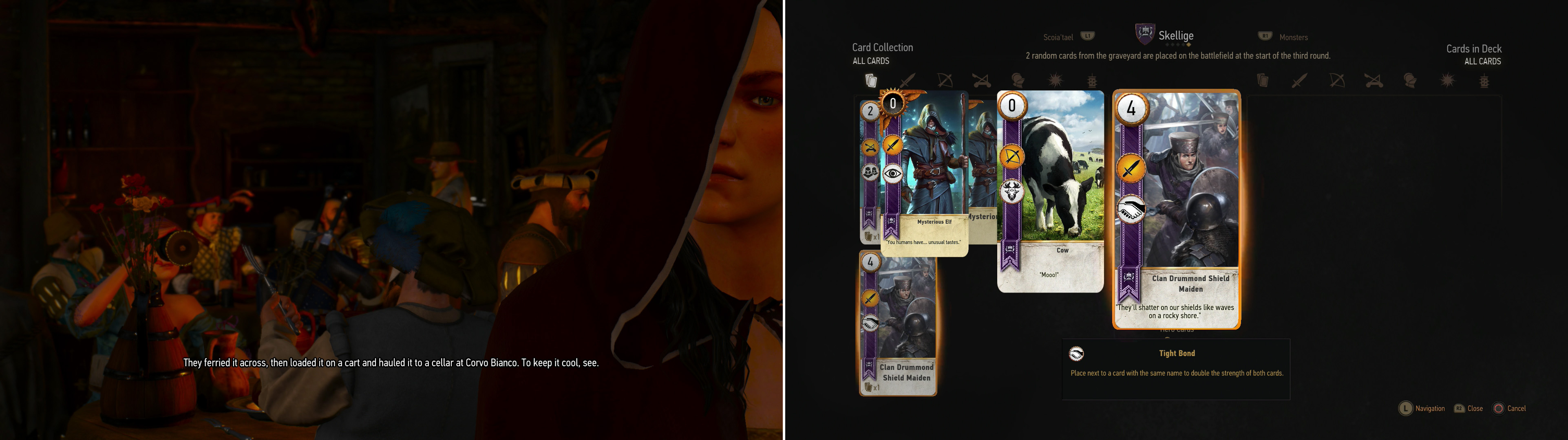 Visit the Cockatrice Inn and Geralt will learn about the body fished out of the river… but he’s not the only one looking for such information (left). Despite the implied expediency, waste some time playing Gwent with the Innkeep to score your first Skellige card (right).