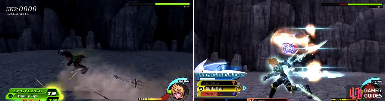 Keyblade surfing (left) is one of Vanitas’ new tricks as is shooting out fireballs (right). These are in addition to his attacks from the previous fight.