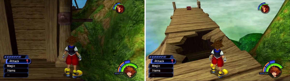 Sora can make the jump (left) to reach a ladder. That ladder will let you onto the roof with a chest (right).