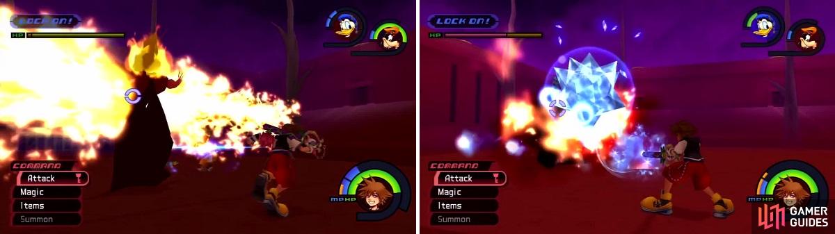 Shoots fire from both hands and rotates (left), creating a burning wall of pain. Sora casts Blizzard on Hades to stop his attack (right).