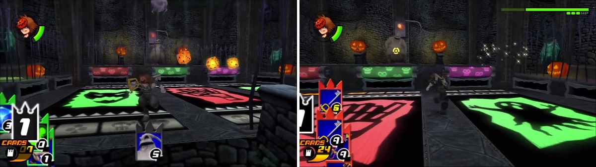 Oogie throws what looks like his exploding dice (left). Sora uses the Gimmick Card to completely lower the gate in front of Oogie (right).