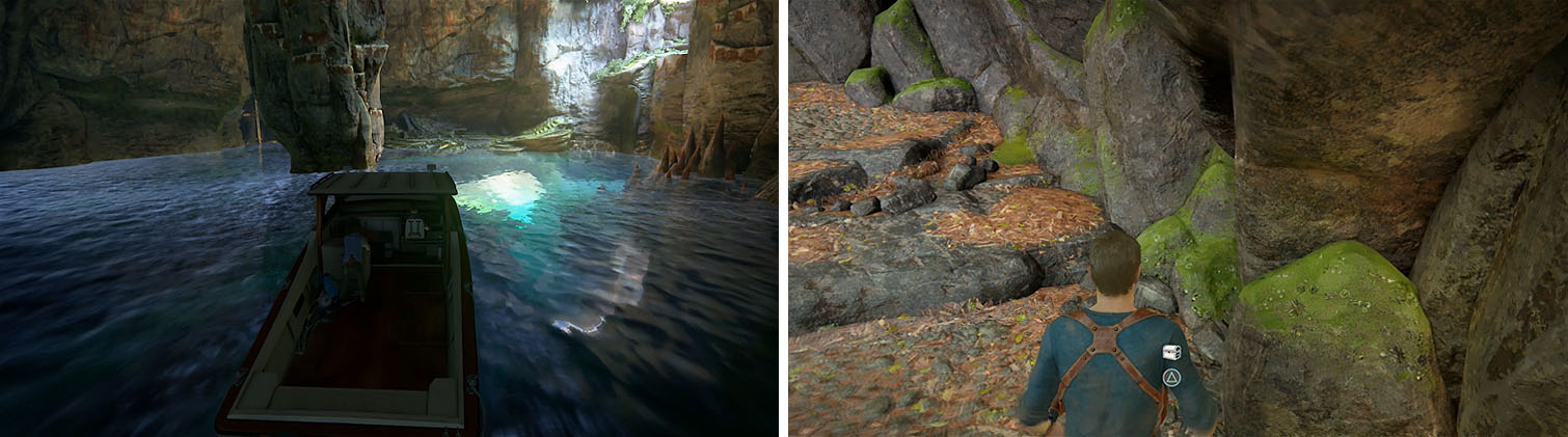 Find the cave beneath the mountain and climb the pillar inside (left). Now follow the path to a treasure on the right (right).