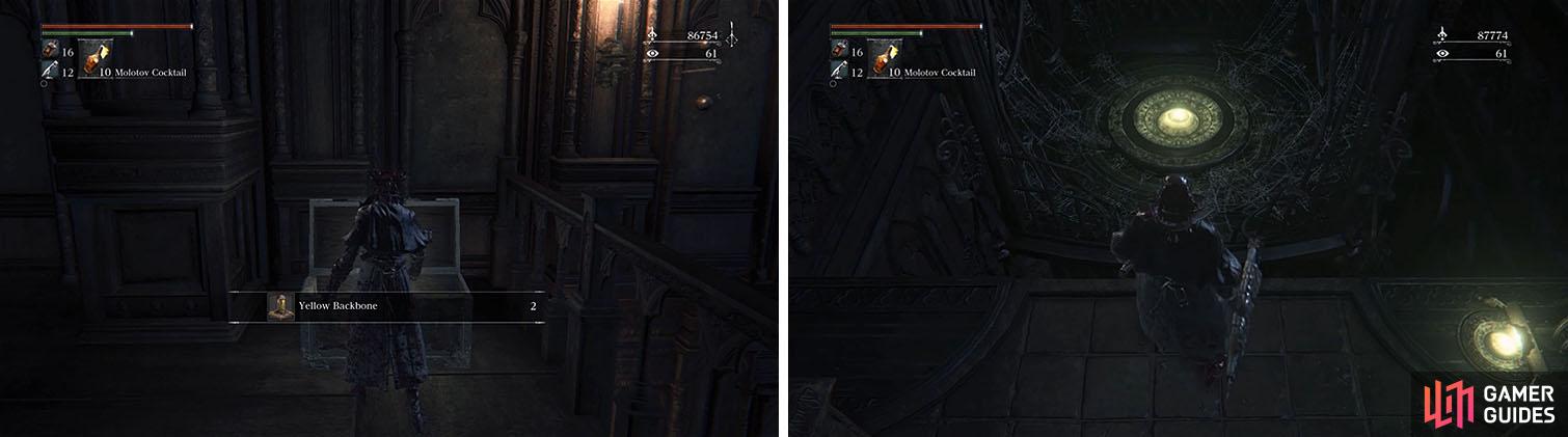 Check the balcony for a chest and then head downstairs to activate the shortcut.