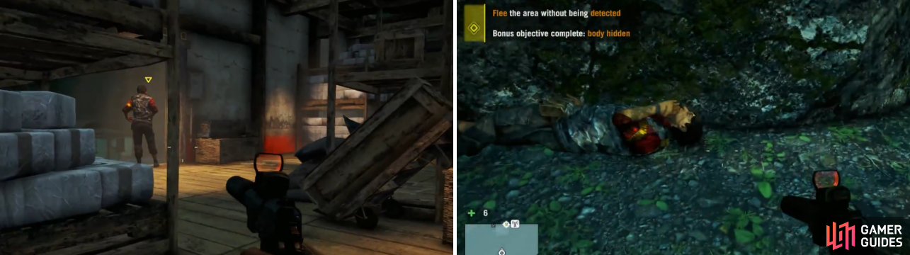 Commanders will have a yellow tag, different than the red one other enemies have (left). Also, you can hide their bodies at designated spots for a bonus (right).