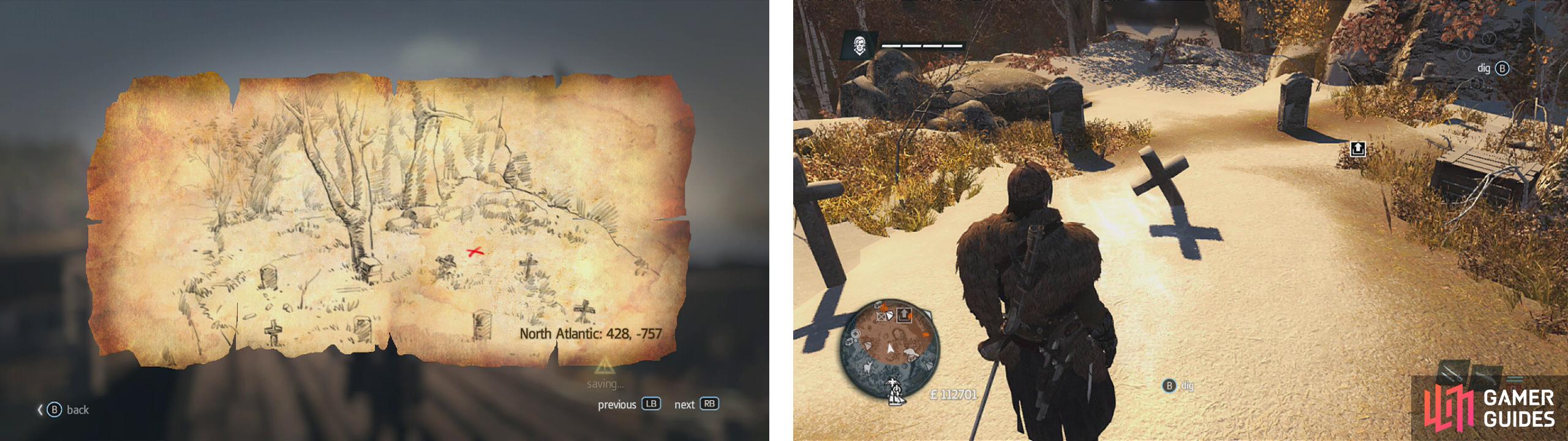 Go to the co-ordinates on the map (left) and find the location drawn (right) to find a dig spot.