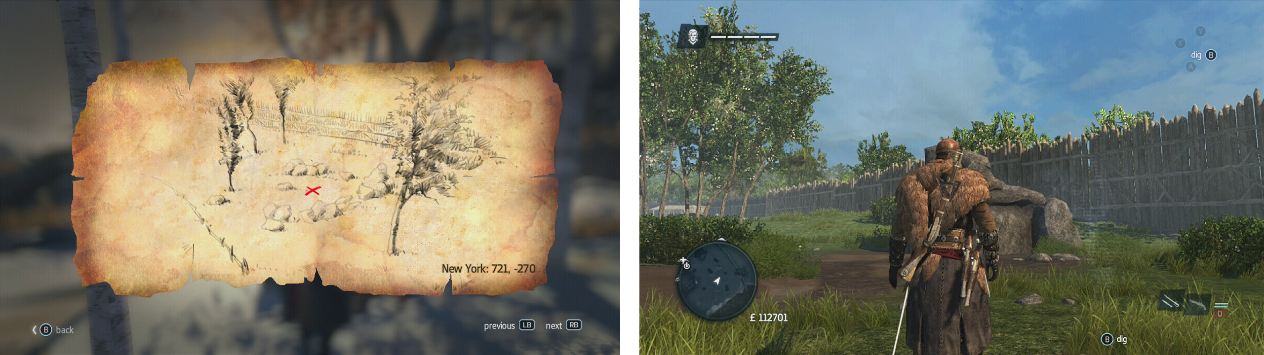 Go to the co-ordinates on the map (left) and find the location drawn (right) to find a dig spot.