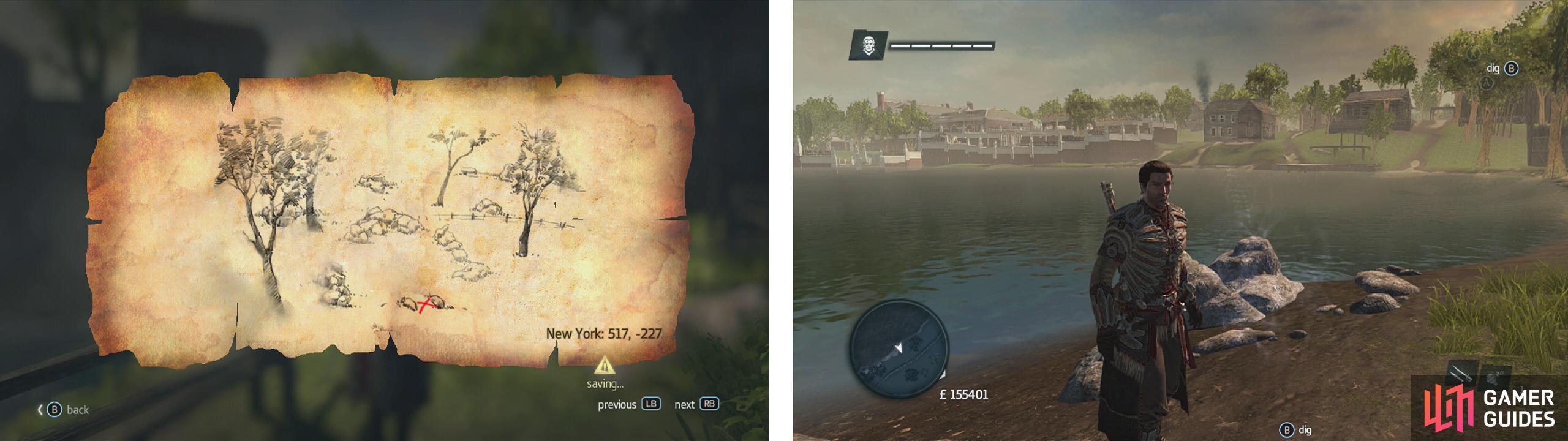 Go to the co-ordinates on the map (left) and find the location drawn (right) to find a dig spot.