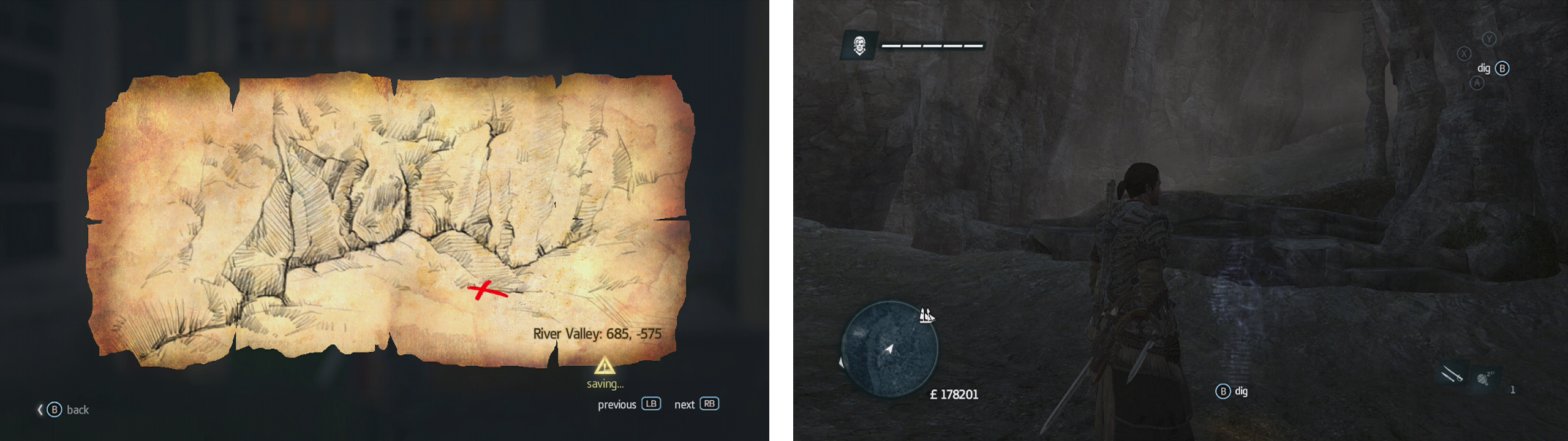 Go to the co-ordinates on the map (left) and find the location drawn (right) to find a dig spot.