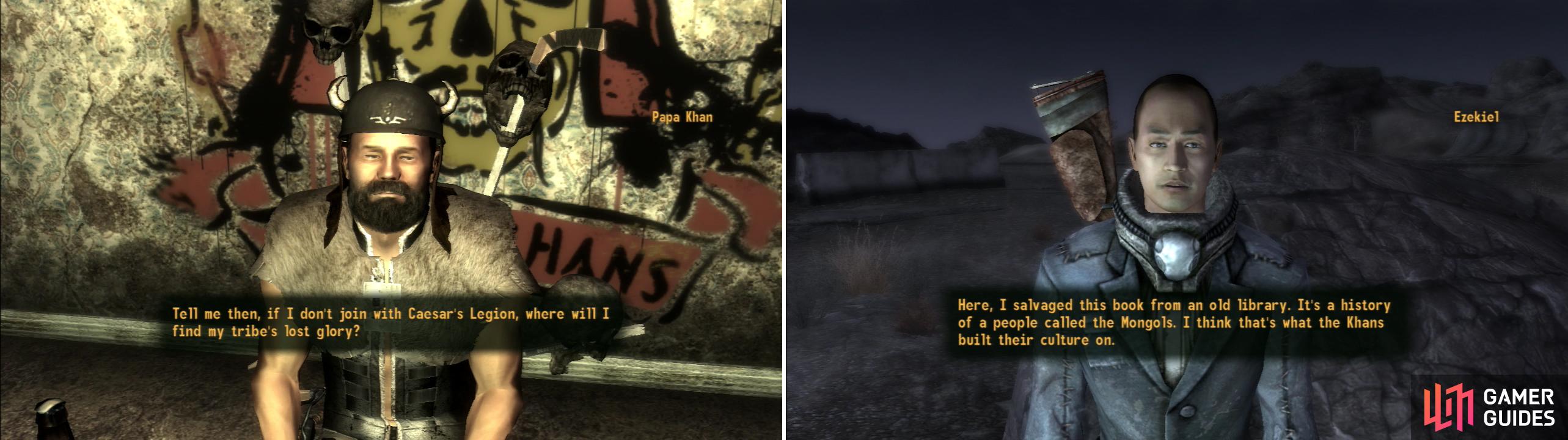 After the alliance has been broken, Papa Khan will need some new direction for the Great Khans (left). If you can’t pass the Speech checks required, you can always get some help from the Followers of the Apocalypse (right).