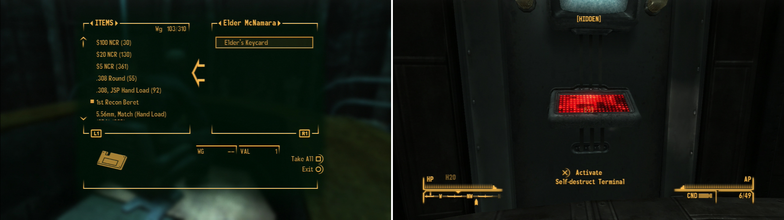 Steal each of the three Keycards you need to generate a self-destruct password (left). Then, with the password handy, activate the self-destruct terminal and put an end to the Mojave chapter of the Brotherhood of Steel (right).